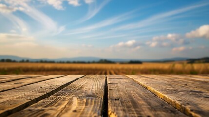 The empty wooden brown table top with blur background of farmland and blue sky Exuberant image : Generative AI - obrazy, fototapety, plakaty