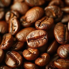 A macro shot of coffee beans, highlighting their texture and aroma,