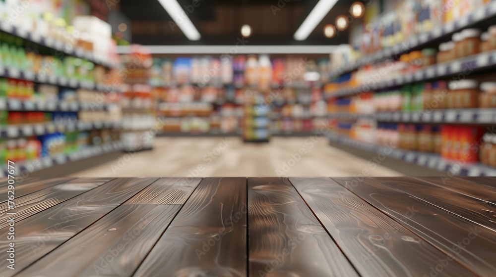 Poster tabletop view on modern product display in grocery or department store with wooden table and blurred