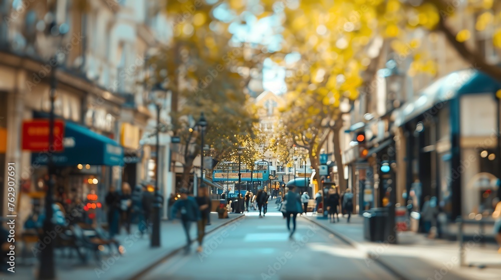 Aufkleber blurred view of london street with shops trees and buildings can be used as background : generative 