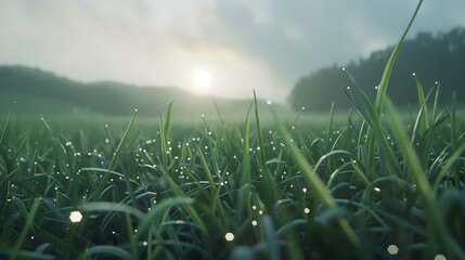 Picturesque view of green field with wet grass during sunrise dew on rainy day : Generative AI - Powered by Adobe