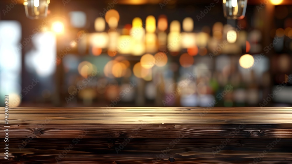 Poster wooden bar counter with blurred background and bottle restaurant bar or cafeteria background : gener