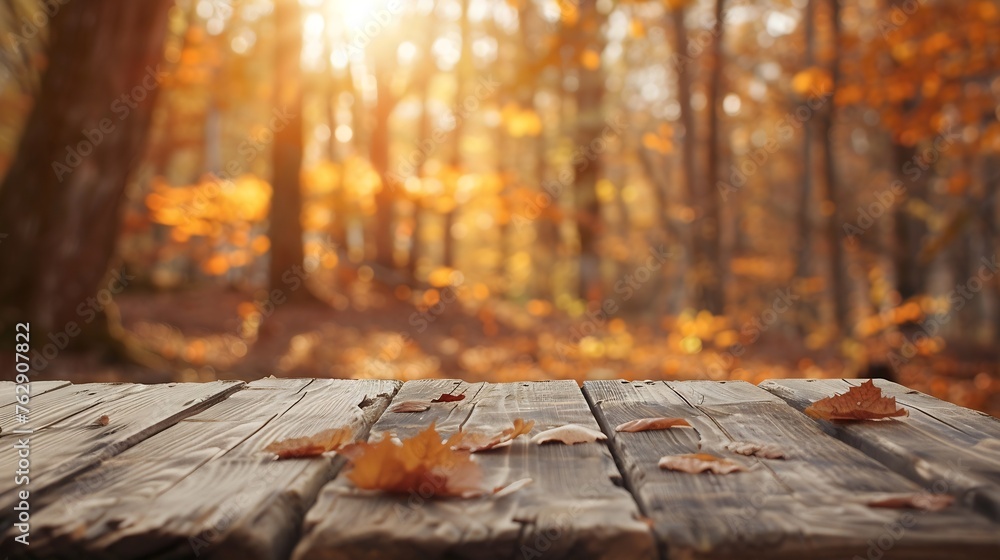 Aufkleber The empty rustic wooden table for product display with blur background of autumn forest Exuberant image : Generative AI
