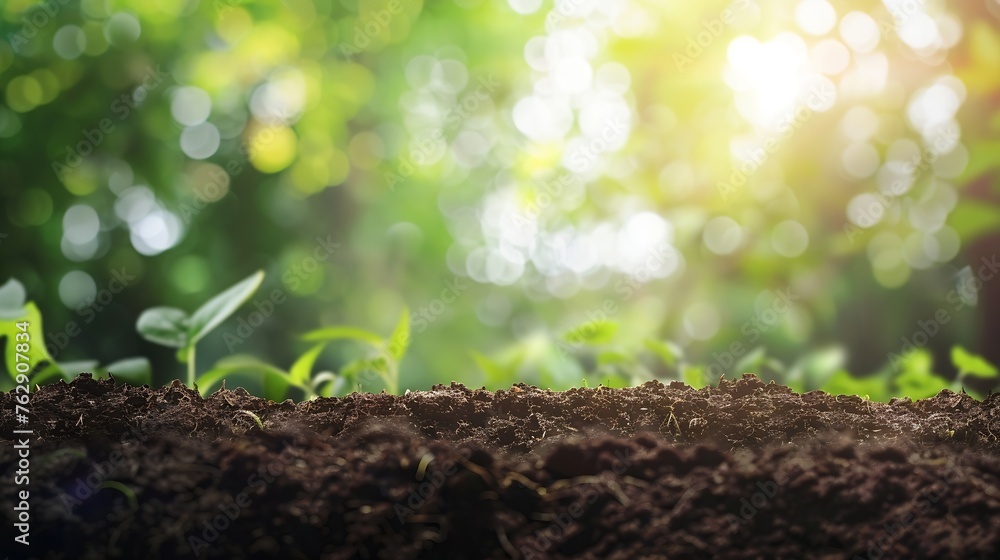 Poster fertile soil and blurred green nature background concept of nature environment and natural environme