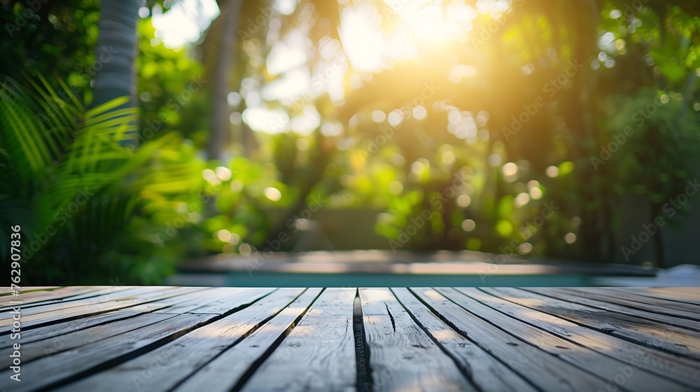 Poster empty wooden table space with green home backyard view blur background for advertising template : ge