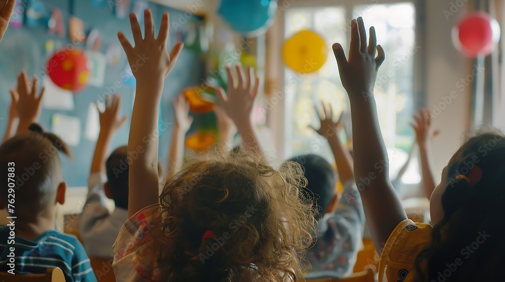 Poster education question with group of children in classroom and raise their hands to answer learning or s