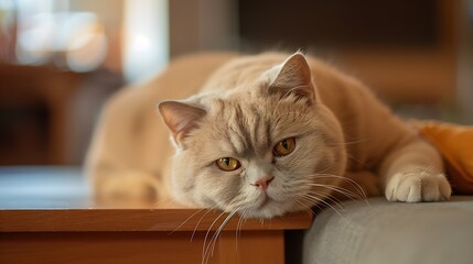 Closeup of Adorable domestic British shorthair golden cat lying on wooden desk in cozy living room at home looking at camera against blurred sofa : Generative AI