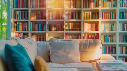 blur image background book shelf and sofa furniture interior decoration in home : Generative AI - obrazy, fototapety, plakaty