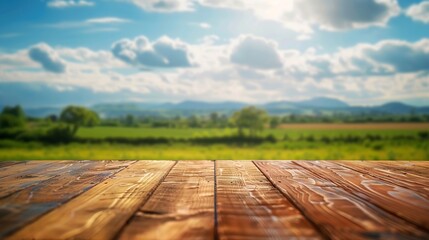 The empty wooden brown table top with blur background of farmland and blue sky Exuberant image : Generative AI - obrazy, fototapety, plakaty