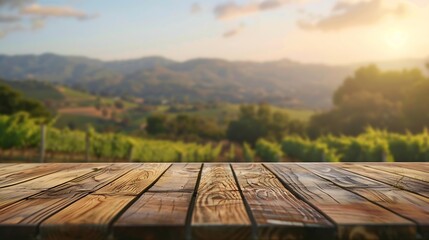 The empty wooden brown table top with blur background of Napa hill landscape Exuberant image :...