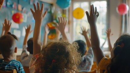 Education question with group of children in classroom and raise their hands to answer Learning or support diversity and teacher teaching with young students in class of school buildin : Generative AI