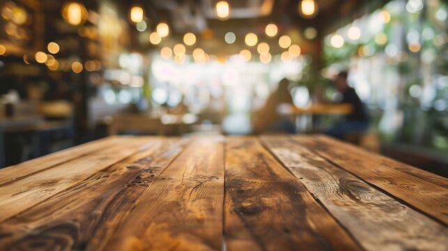 Cafe Restaurant interior with customer and wood table blur abstract background with bokeh light for montage product display : Generative AI