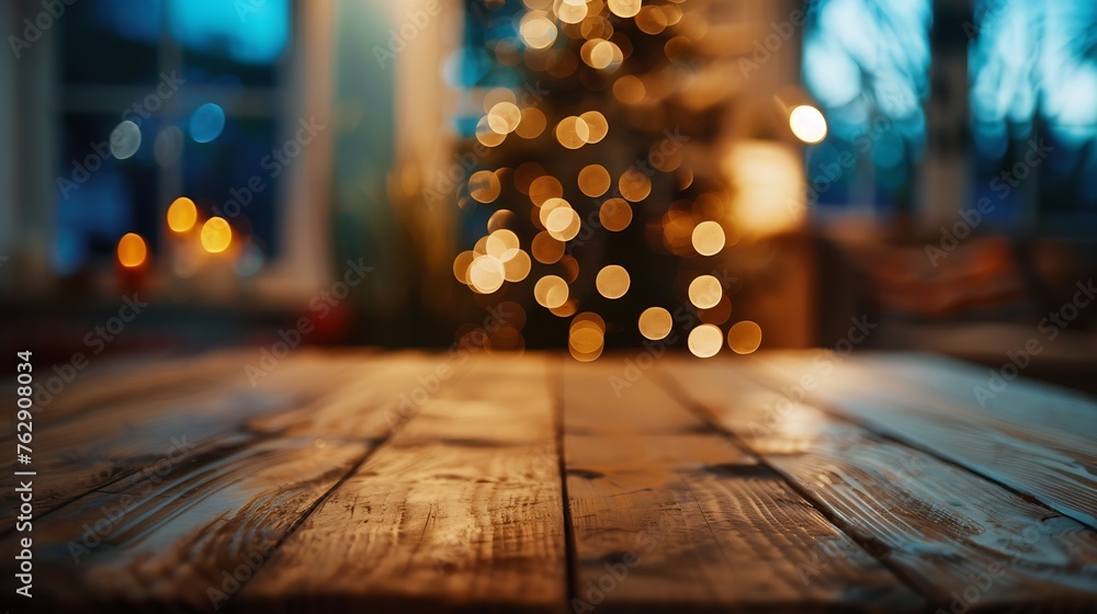 Poster The empty wooden brown table top with blur background of home room in winter Exuberant image : Generative AI