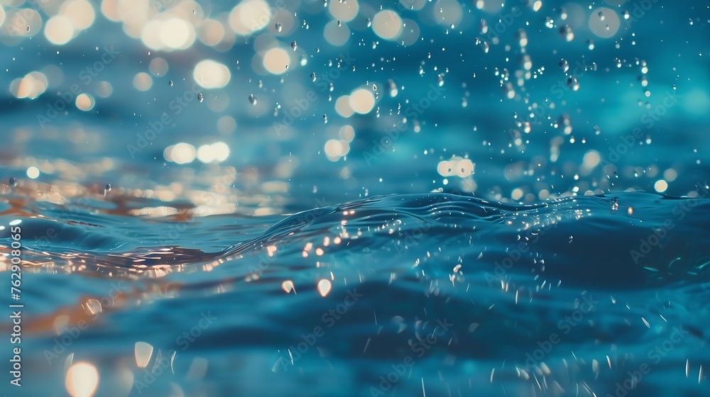 Poster blurred transparent blue colored clear calm water surface texture with splashes and bubbles trendy a