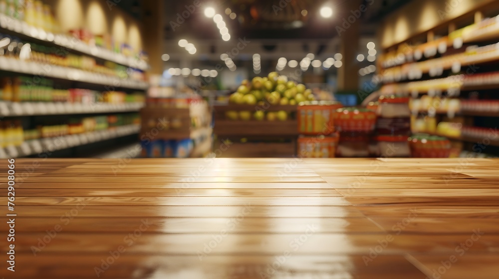 Poster tabletop view on modern product display in grocery or department store with wooden table and blurred