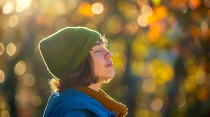 Fototapeta premium Calm girl in blue coat and green hat and coat closing eyes while spending sunny day on blurred background of autumn park in a cold day in donostia san sebastian spain : Generative AI