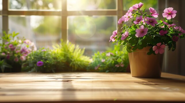 Wood table top on blur of window with garden flower background in morningFor montage product display or design key visual layout : Generative AI