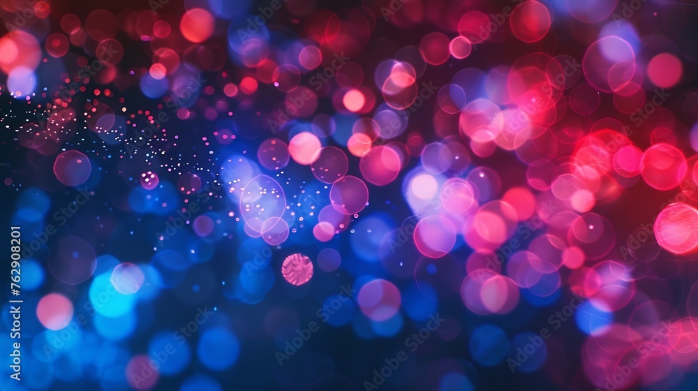Poster Blur neon background Color glow Light flare Bokeh sparks texture Defocused blue red purple flecks rays on dark abstract overlay : Generative AI