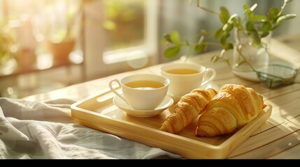 dish towel fresh croissant and ceramic cups of tea on bamboo tray on wooden tabletop with sun light...