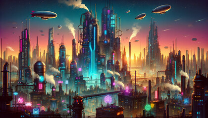 Fototapeta na wymiar Futuristic Cyberpunk Cityscape with Neon Skyscrapers and Airships