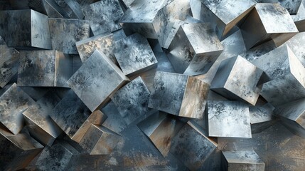 Abstract geometric shapes, metal texture, floating in space