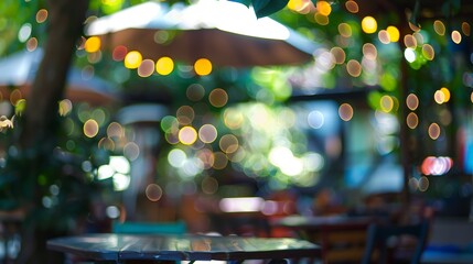 Blurred background of outdoor restaurant with abstract bokeh light : Generative AI - obrazy, fototapety, plakaty
