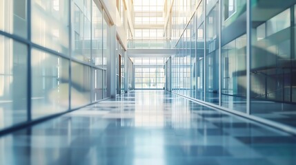Office building lobby hall blur background or blurry school hallway corridor interior view looking toward empty corridor entrance glass curtain wall and floor with exterior light illum : Generative AI - Powered by Adobe