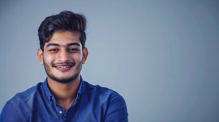 Fototapeta premium Happy handsome young Indian man head shot front portrait Cheerful successful entrepreneur startup leader business professional in casual looking at camera with toothy smile : Generative AI