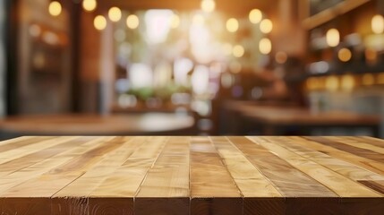 Wooden board empty Table Top And Blur Interior over blur in coffee shop Background Mock up for display of product : Generative AI