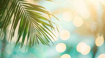 Fototapeta na wymiar Blur beautiful nature green palm leaf on tropical beach with bokeh sun light wave abstract background Copy space of summer vacation and business travel concept Vintage tone filter effe : Generative AI