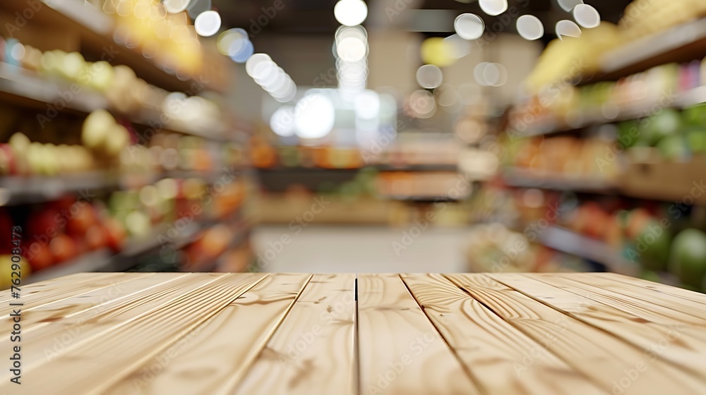 Poster tabletop view on modern product display in grocery or department store with wooden table and blurred
