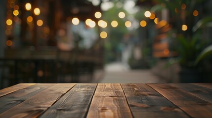 Wooden empty table in front blurred cafe background Bar counter key visual Wood table top for presentation product Restaurant table mockup Cafe desk effect Office space : Generative AI