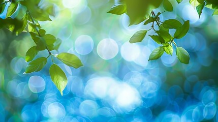 Summer background of blue and green blurred foilage and sky with bright bokeh Blurry abstract summer background Natural green leaves using as cover page greenery environment ecology ba : Generative AI