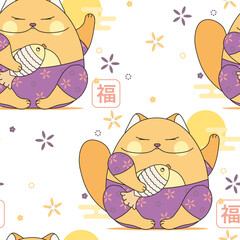 Maneki Neko Lucky Cat in Japan and China Seamless Background for Web, Mobile, Card, Sticker, T-Shirt, Textile Bag and Garment. Japan Hieroglyphs Translating - Happiness, Prosperity, Luck.