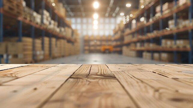 The empty wooden table top with blur background of warehouse storage Exuberant image : Generative AI