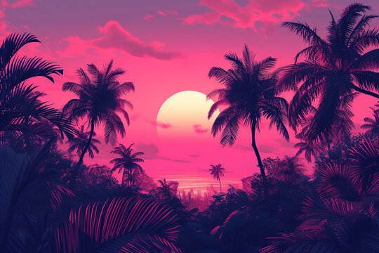 Tropical summer beach background. Cartoon flat illustration. Silhouettes of palm trees against pink sunset sky