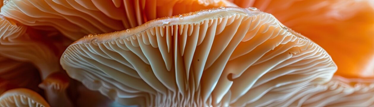 A macro view of a mushroom cap, highlighting its gills and texture,