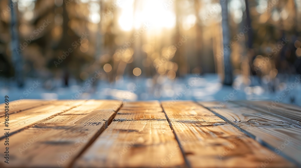 Poster the empty wooden table top with blur background of winter in finland exuberant image : generative ai