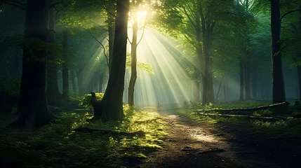 Rolgordijnen beautiful rays of sunlight in a green forest © Aura