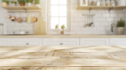 Fototapeta na wymiar Kitchen wooden table top and kitchen blur background interior style scandinavian : Generative AI