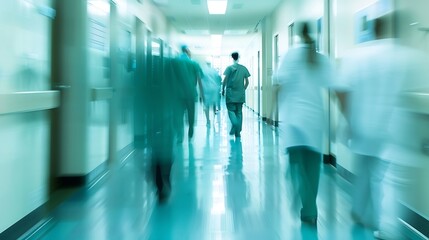 blurred for background blurred figures of doctors and nurses in a hospital corridor Doctors and nurses walking in hospital hallway blurred motion Moving human figure in the clinic corr : Generative AI - obrazy, fototapety, plakaty