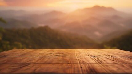 Wooden table on blur mountain morning or evening view landscape Warm feeling in orange or brown...