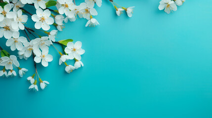 beautiful spring nature background with lovely blossom flowers on blue background with space for text