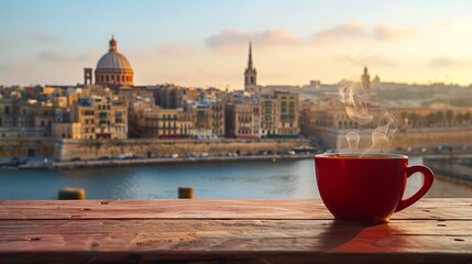 Valletta, Maltese old architecture with roof windows Along with a red coffee cup with hot smoke floating in it. Illuminated by the first light of day Quiet morning scene - Powered by Adobe