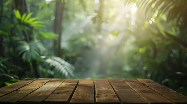The empty wooden table top with blur background of Amazon rainforest Exuberant image : Generative AI