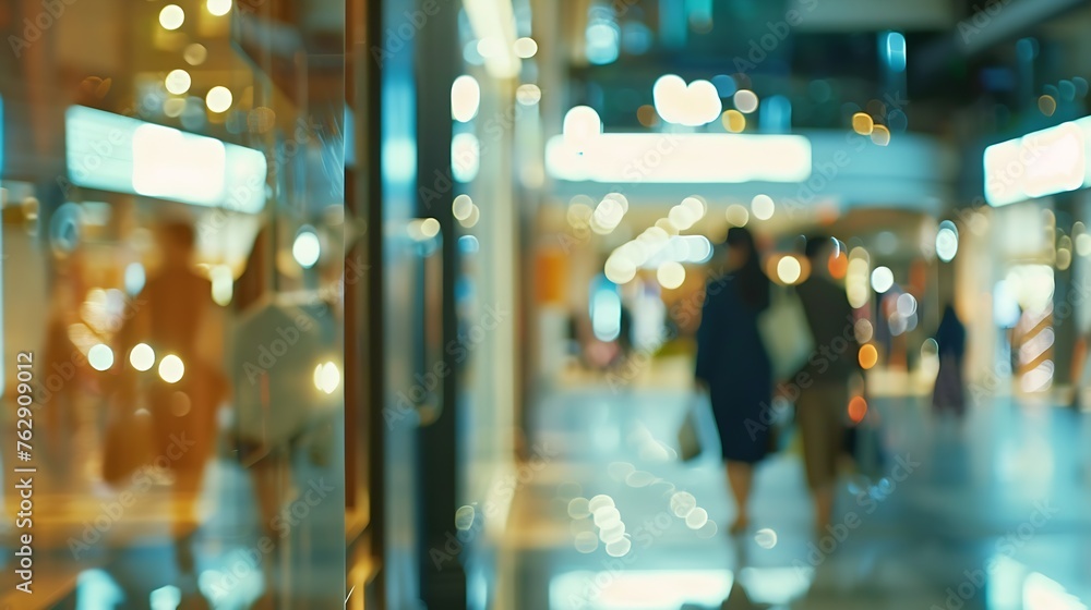 Poster blurred background with bokeh light in luxury fashion shopping mall with shop window and display mod