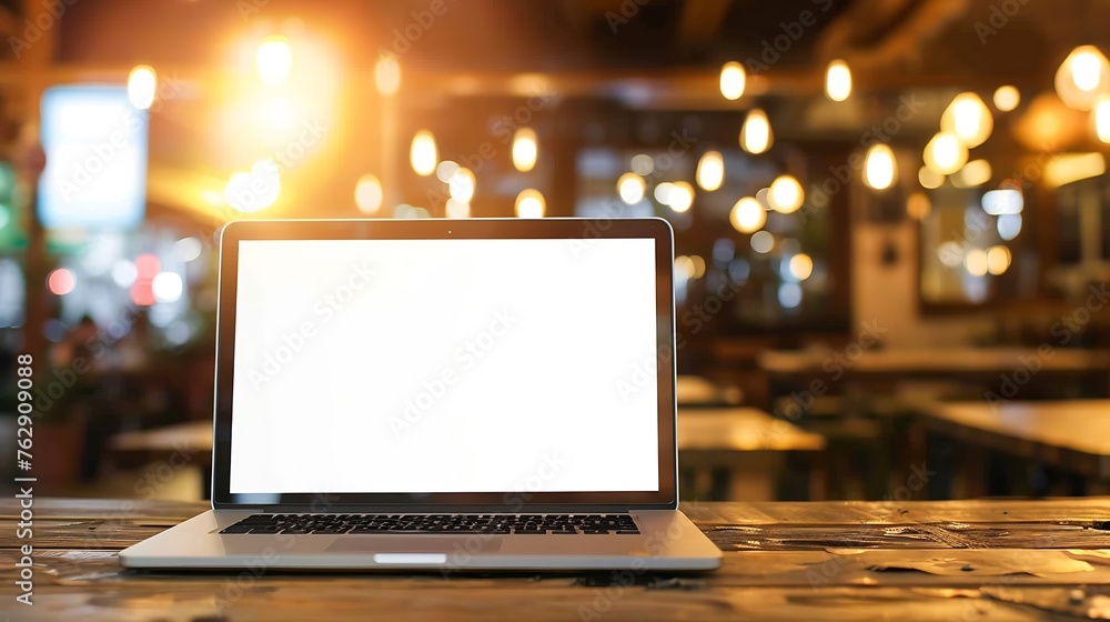 Poster laptop with blank screen on wood table with cafe coffee shop blur background : generative ai
