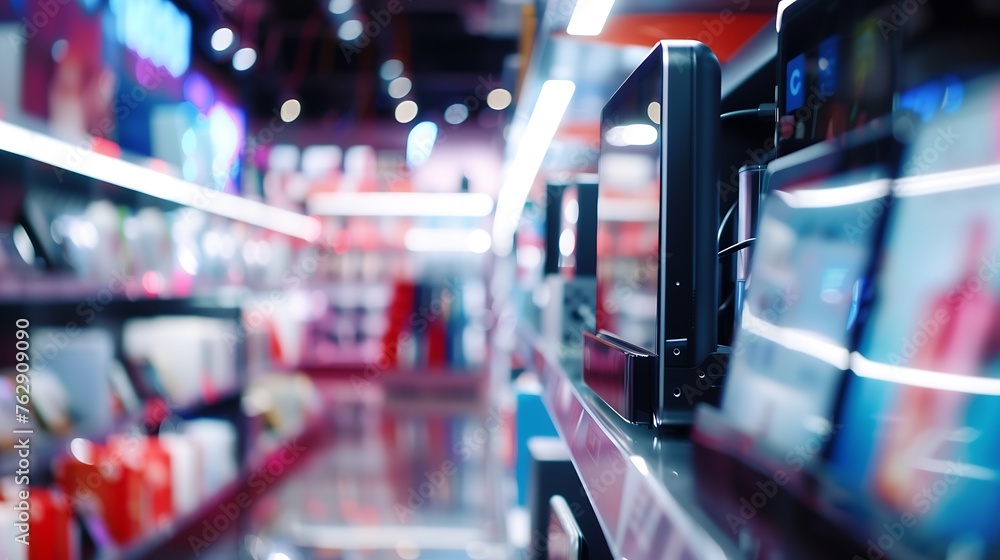 Poster Blurred abstract image of the electronic device shelf in the living room Selling in the middle of a department store background : Generative AI