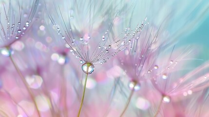 Beauty in nature Fantasy closeup of dandelion soft morning sunlight after rain pastel colors...