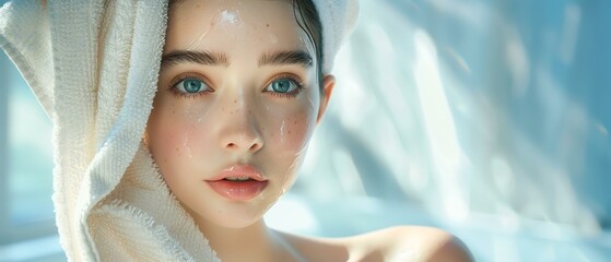 Fresh-faced Asian model, white towel, skincare line intro, simple bright aesthetic